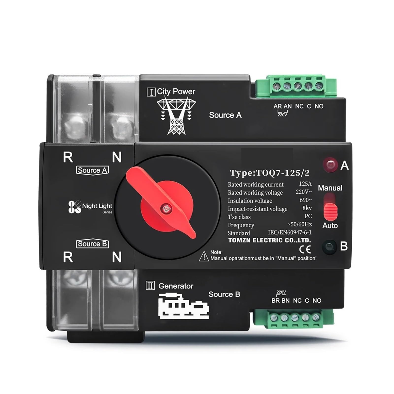 YFHGULBTK Din Rail ATS 220V 230V Dual Power Automatic Transfer Electrical Selector Switch Uninterrupted 2P 63A 100A 125A 1Pcs(100A)