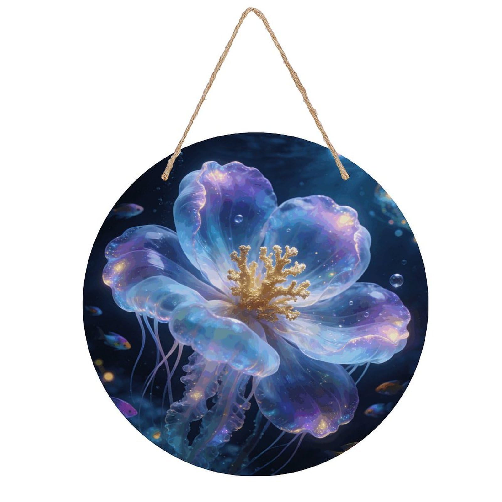 LZQPOEAS Oceanic Bloom Round Wood Wall Art Painting, 7.9 Inch Circular Wooden Door Hanger Decorative Paintings, Rope-Hanging Wooden Wall Plaque for Home Decor And Office Party