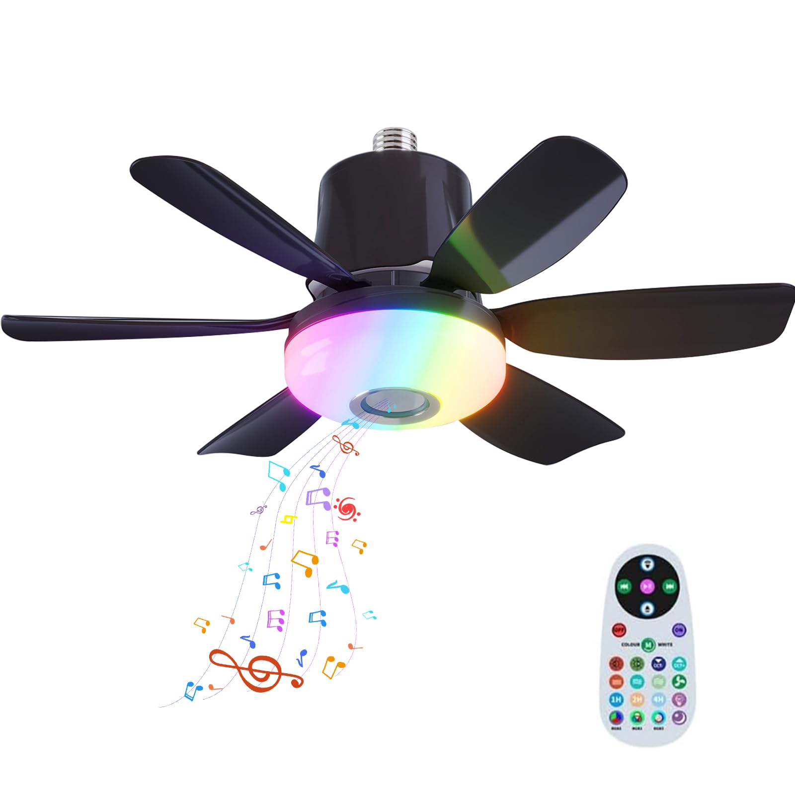 Ceiling Fan with Lights and Remote,32W E27 RGB LED Ceiling Fan Light with Bluetooth Music Player,3 Speeds,3 Colors,6 Blades and Remote Control Support RGB Colours, Music Player for Home Room (Black)