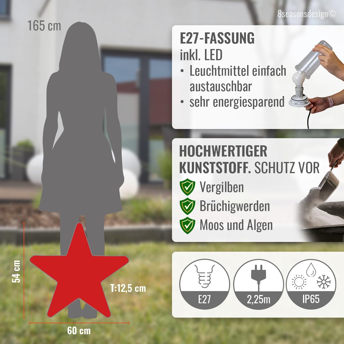 8 seasons design LED Weihnachtsstern 60cm Shining Star (Rot), E27, warmweißes Licht, wetterfest, LED Stern für außen (Garten, Terrasse, Balkon) und innen – winterfest – Weihnachtsbeleuchtung outdoor