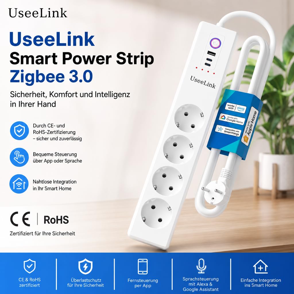 UseeLink Zigbee Power Strip Surge Protector 16A 3500W Fonctionne avec Alexa Home Assistant 4 Prises AC Commutateurs individuels Hub requis Certifié CE Module ZHA Zigbee 2Mqtt