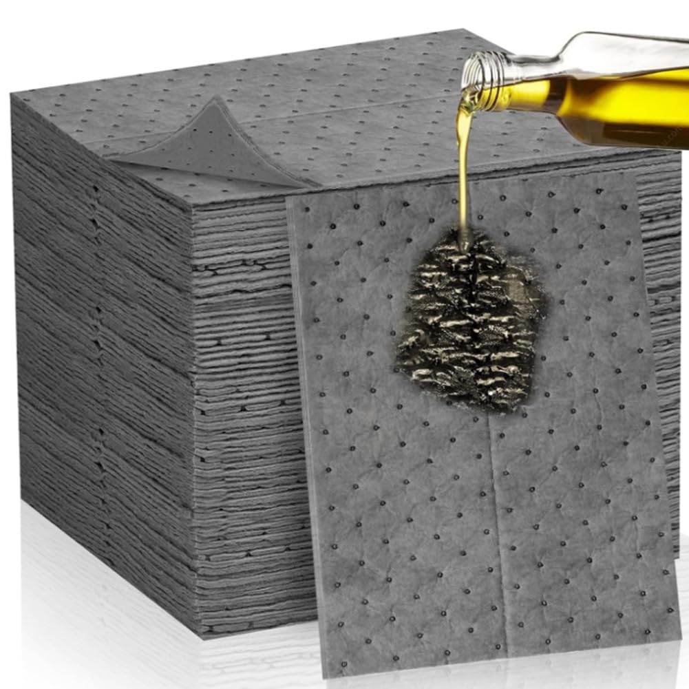 Paquete 100 Almohadillas Absorbentes Aceite 16x18", Alfombrilla Absorbente Aceite Polipropileno, Absorbentes Universales para el Control Derrames Aceite Refrigerante