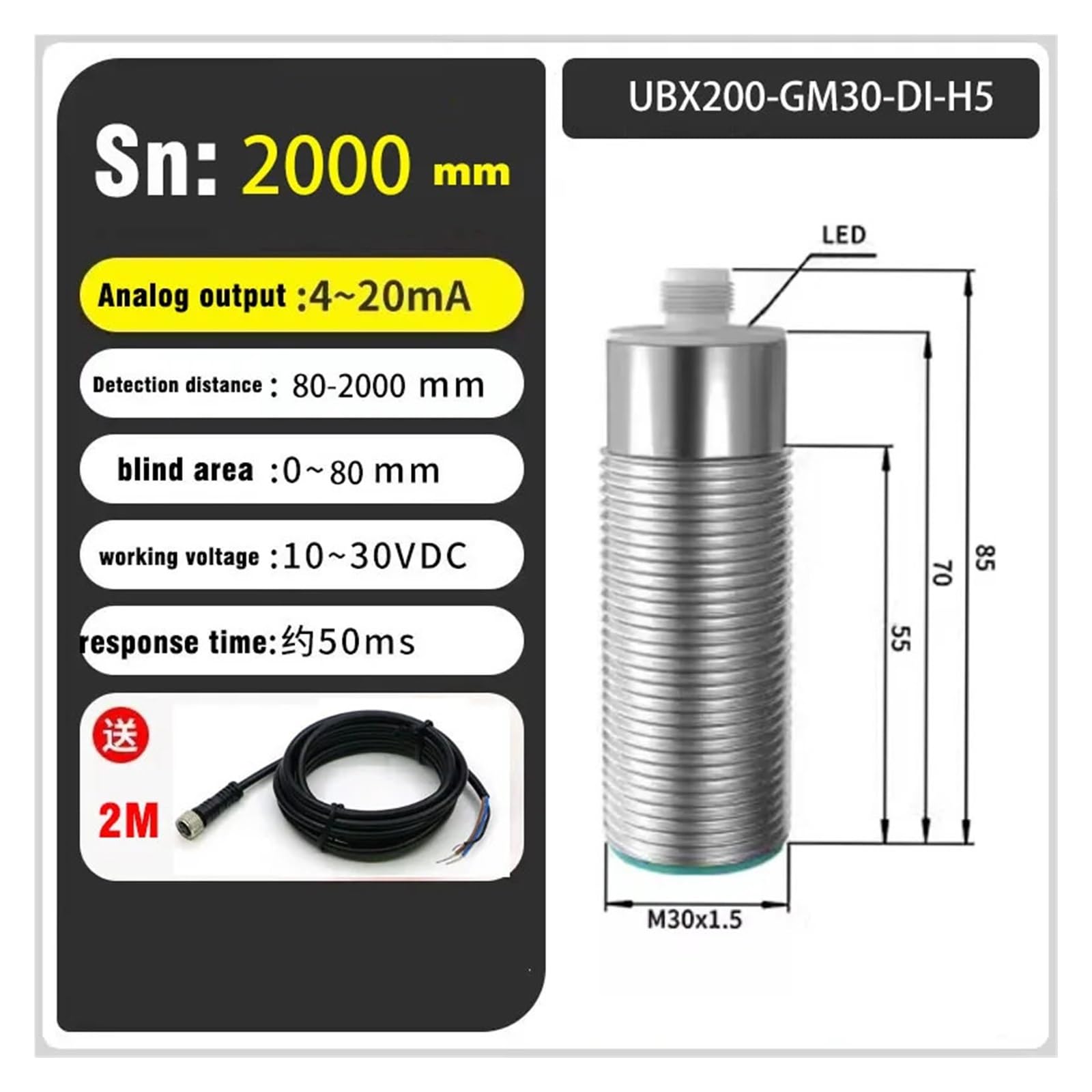 GM30 Sensor de interruptor de proximidad ultrasónico NPN/PNP/RS485 Sensor de distancia ultrasónico de salida 2 m, 4 m, 6 m, 8 m (UBX50-GM30-DU-H5)