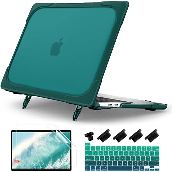 Batianda Heavy Duty Case for MacBook Pro 13 inch 2022 2020 Release A2338 M2 M1 A2289 A2251, Ergonomic Foldable Kickstand Holds 22lbs Matte Translucent Shockproof Cover with Spare Parts, Deep Teal