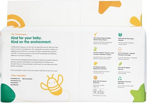 Miniatura 2 de ManuKind Pañales para bebé, infusión de miel de manuka, ultra suaves, materiales a base de plantas, comodidad de secado rápido, protección contra