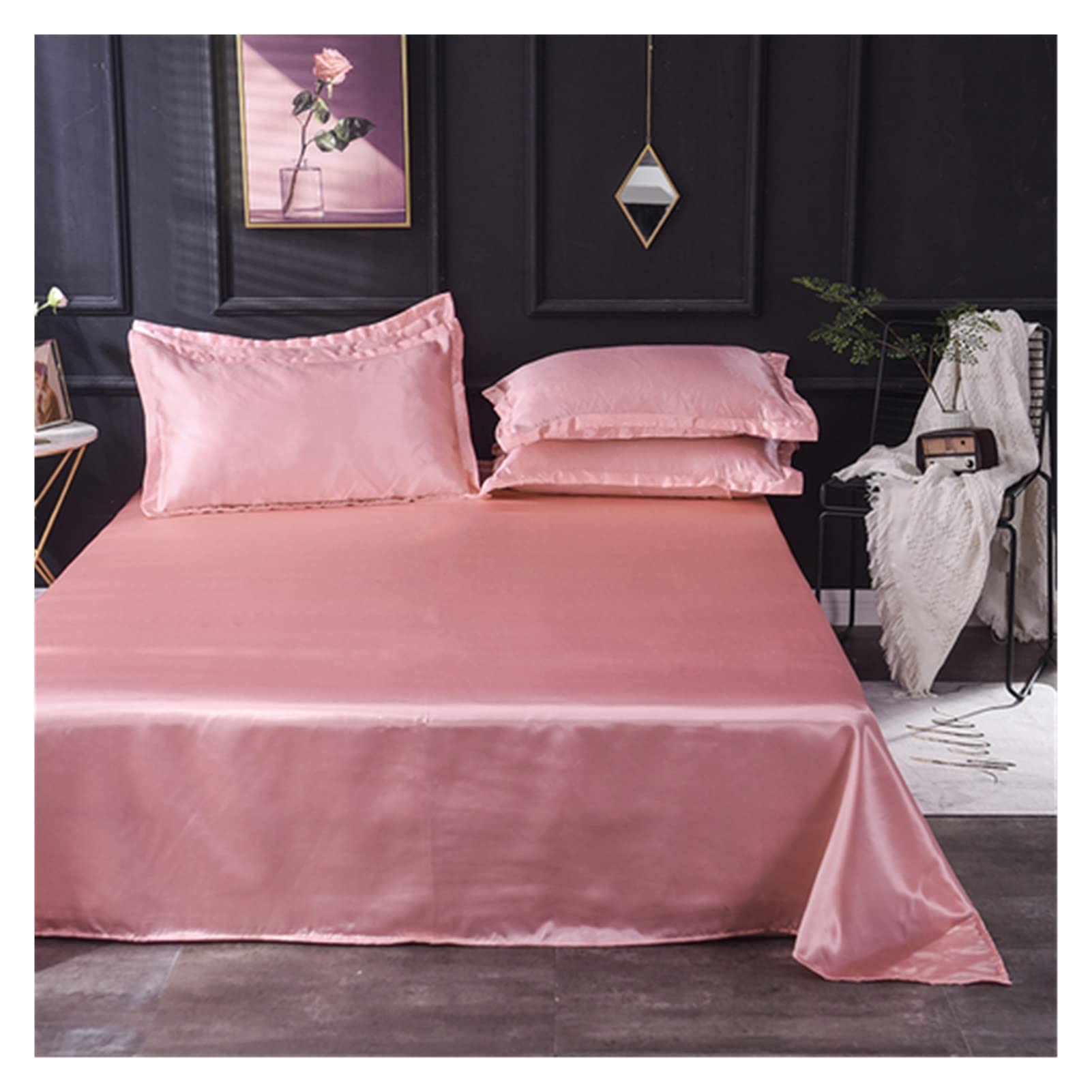 EBzvblxm Ice Silk Bed Sheet, Ice Silk Satin Flat Sheet and Pillowcase Set Multicolor Multiple Sizes(Dark Pink,170x230cm)