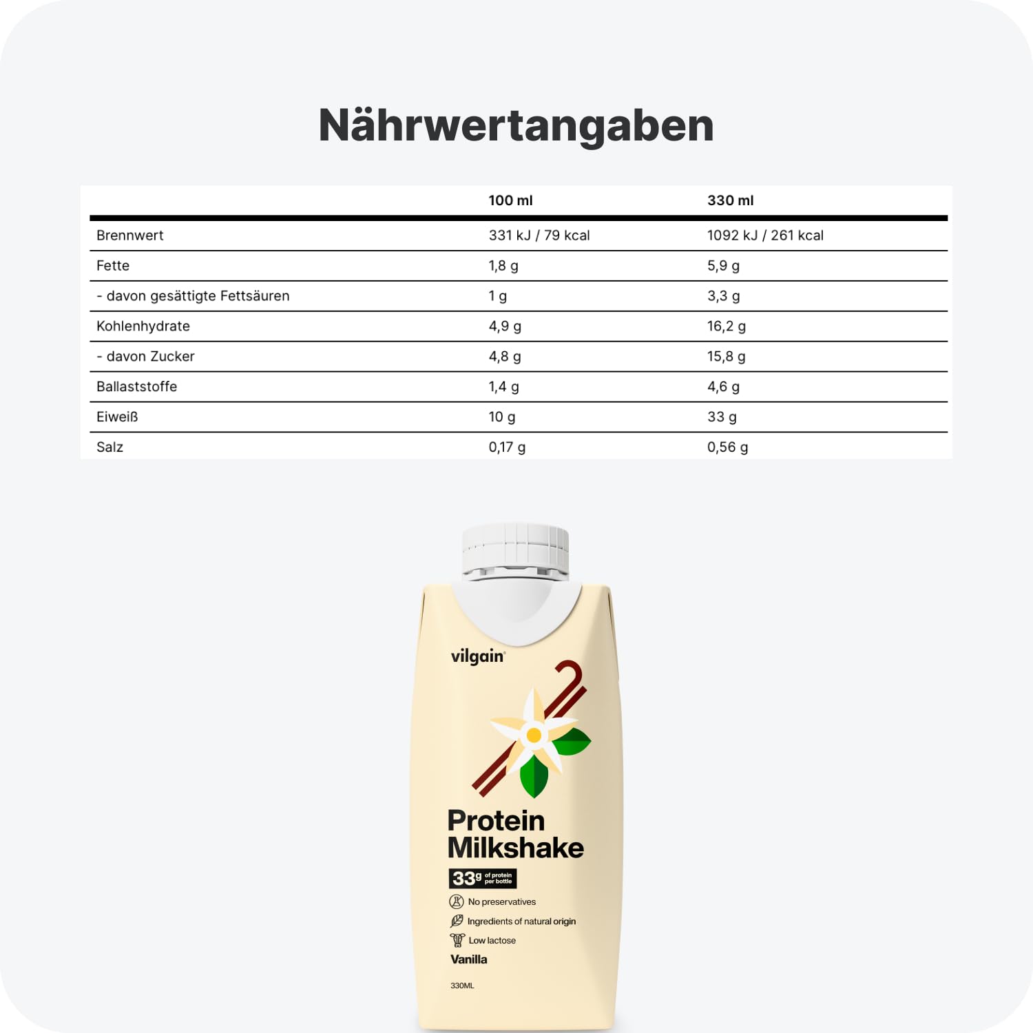 Vilgain Protein Milkshake (12x330 ml) Vanille – 33 g Eiweiß Pro Portion, Laktosearmer Fitness Drink Ohne Zuckerzusatz, Cremiger Ready-to-Drink Proteinshake Mit Bourbon Vanille & Stevia