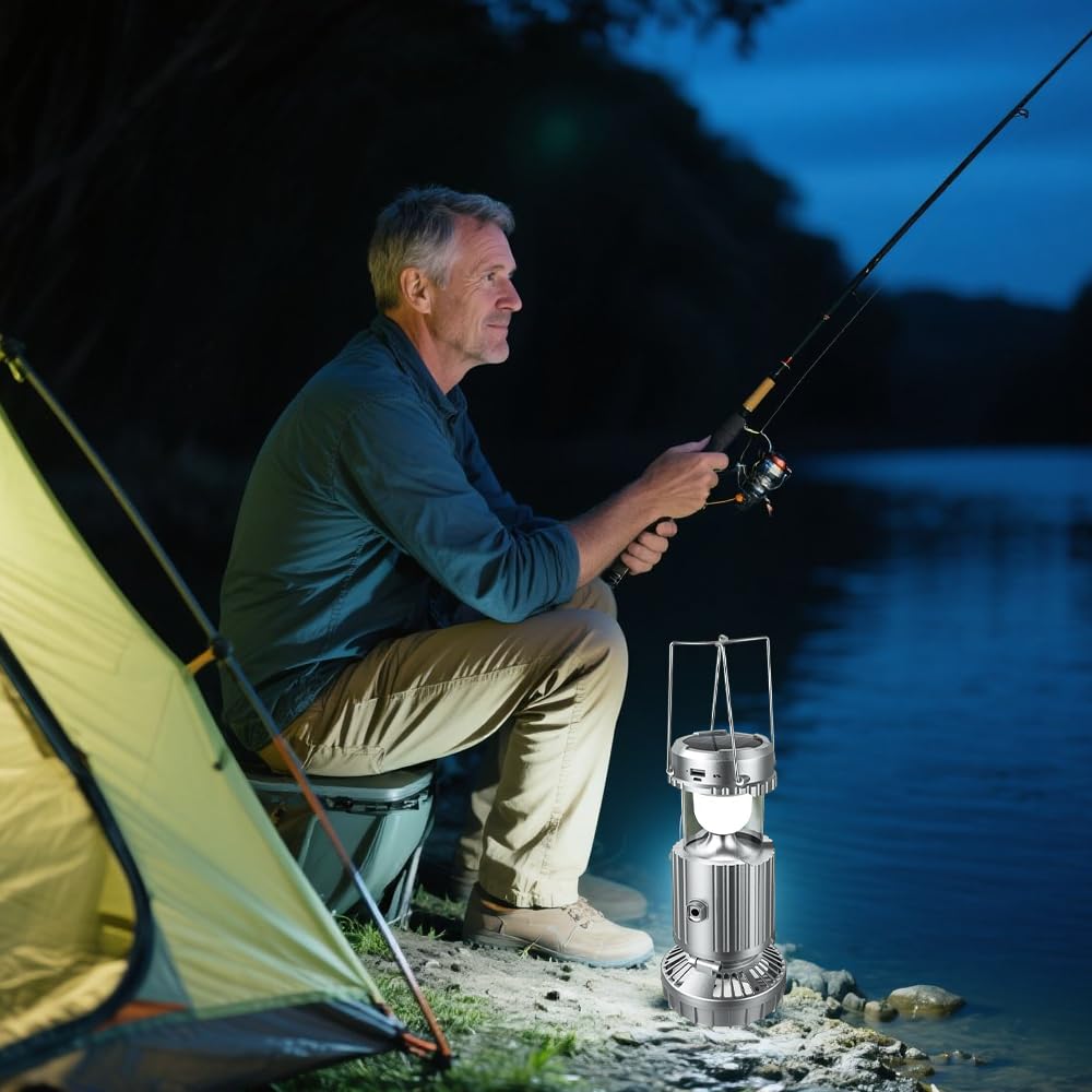 Lanterna da campeggio portatile a LED con ventilatore, ventilatore da campeggio solare di ricarica per telefono per tenda da campeggio, uragani, interruzioni di corrente, tempesta, per interni ed