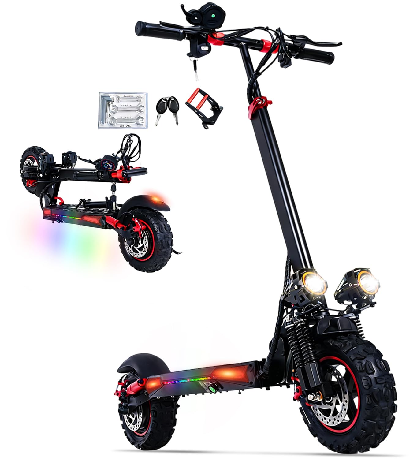 Monopattino Elettrico per Adulti, Autonomia 45-55 km, Pneumatici da 11'' Fuoristrada, Doppia Sospensione, Freni a Disco Anteriori Posteriori, Pendenza 15%, IPX5, Manubrio di Altezza Regolabile