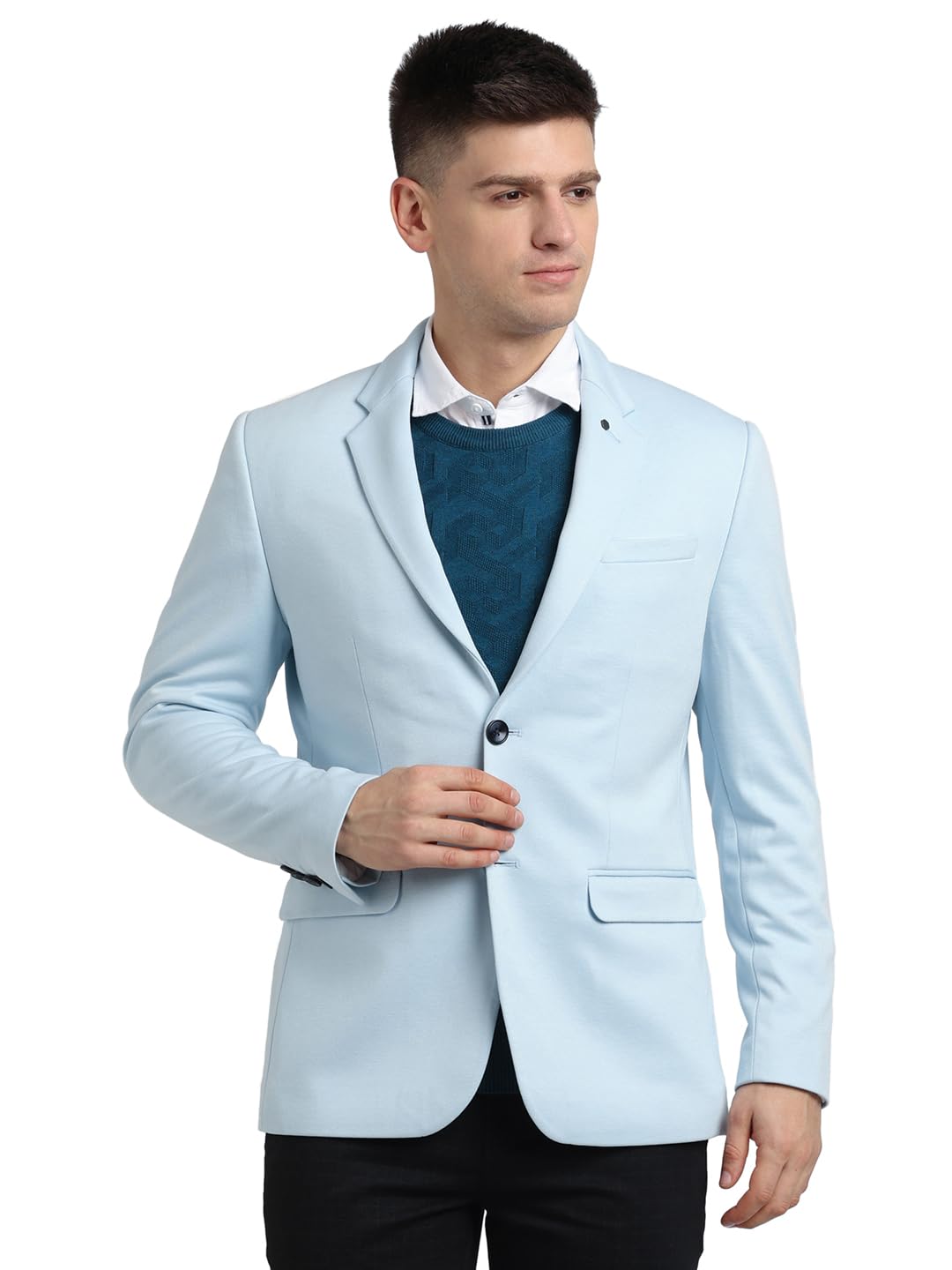 turtle Men Knitted Notch Lapel Collar Light Blue Single Breasted Casual Blazer-picture-41