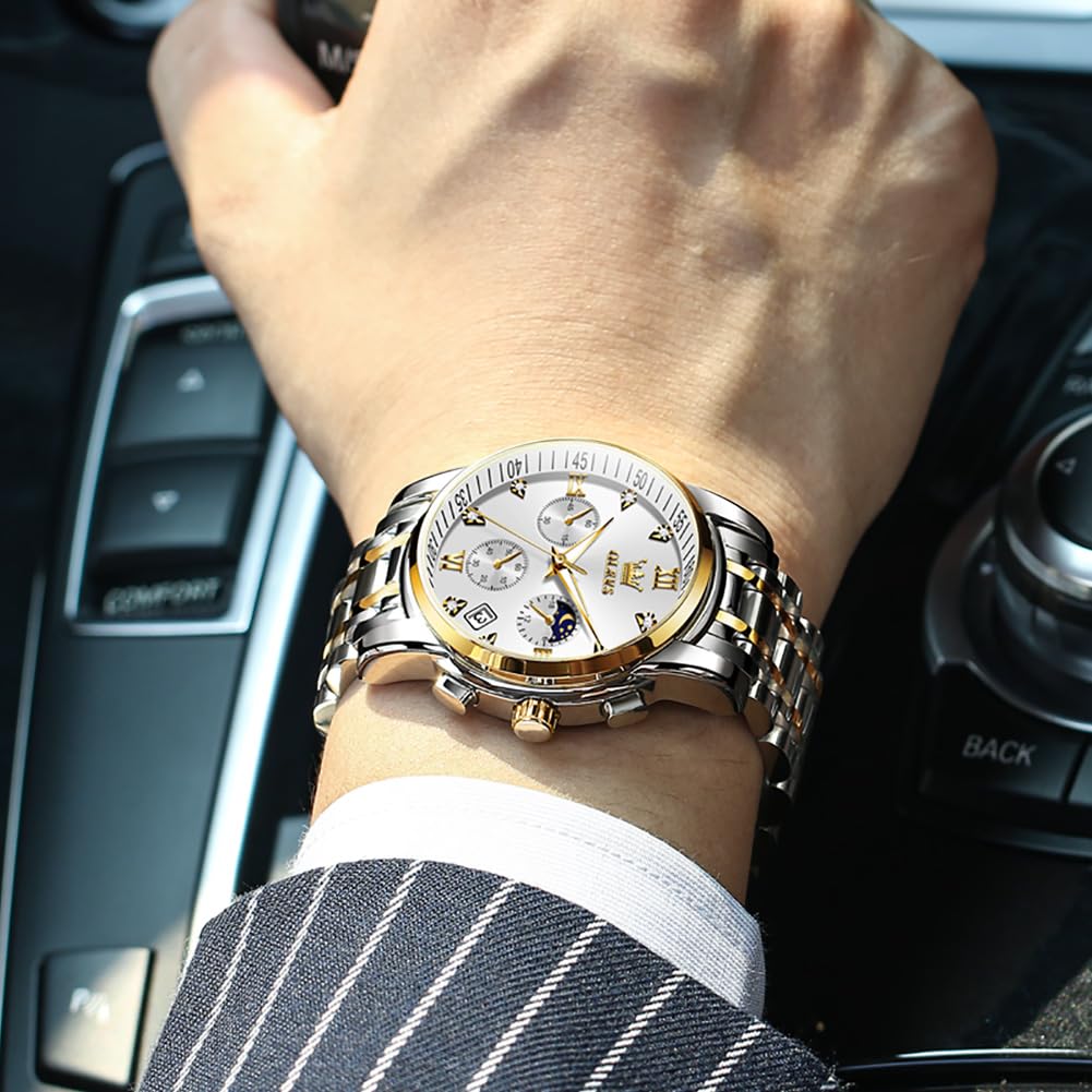 OLEVS Watch for Men Diamond Business Dress Analog Quartz Stainless Steel Waterproof Luminous Date Two Tone Luxury Casual Wrist Watch