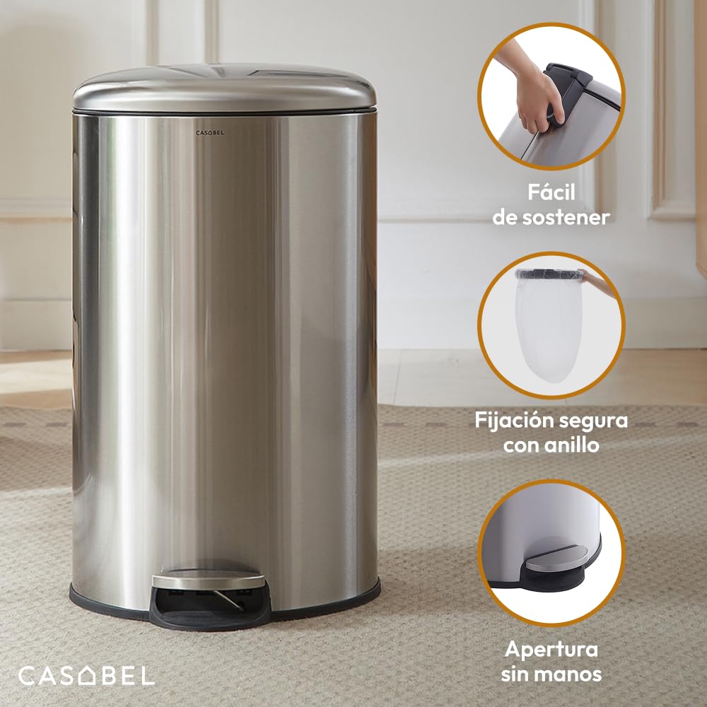 CASABEL Cubo de Basura Cocina 50L, 100% Acero Inoxidable, Resistente a Huellas, Papelera Redonda con Pedal y Tapa para Baño, Cocina, Oficina, Cromo