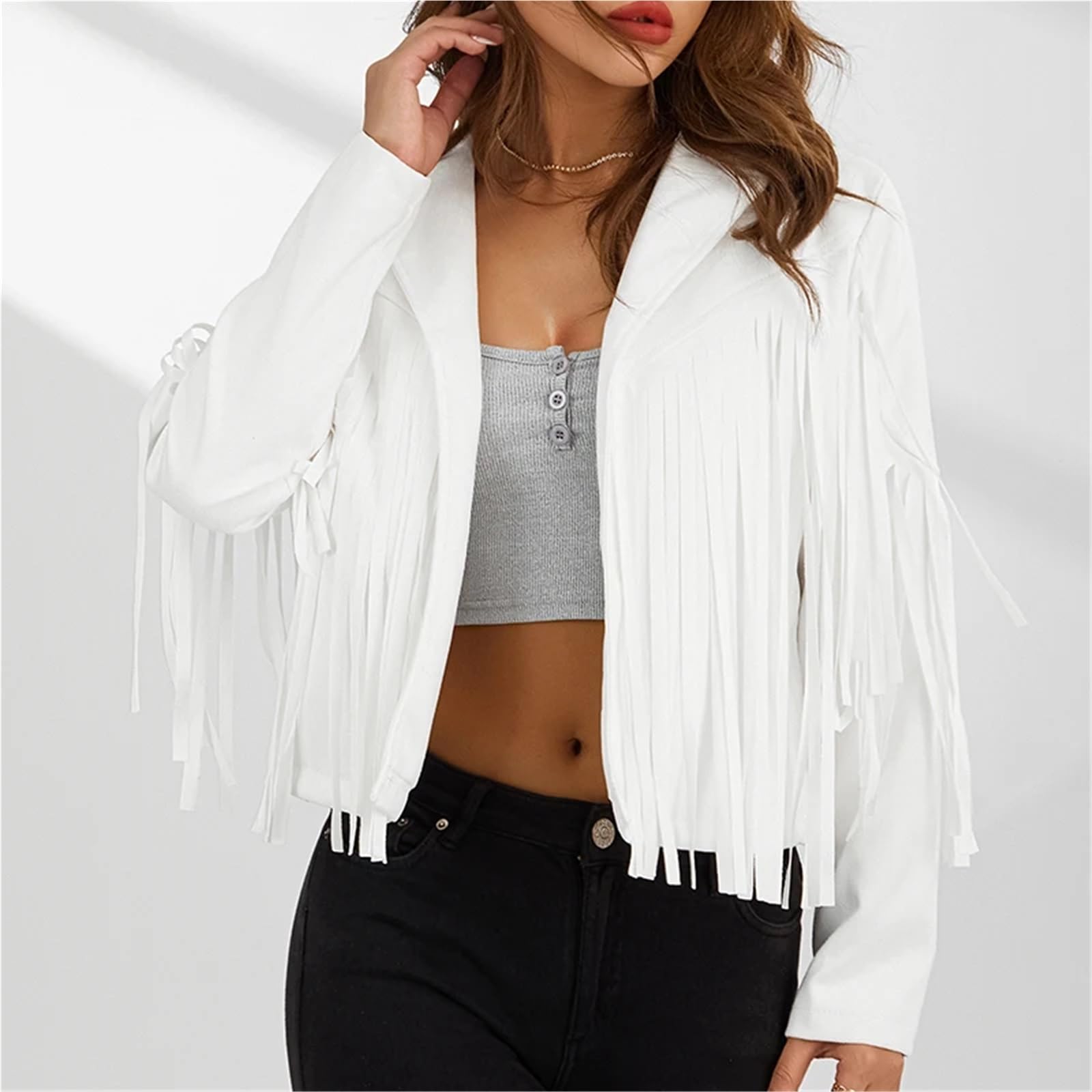 Top con Frange Cappotto da Donna Primavera Autunno Slim Manica Lunga Aperto Davanti Giacca Tinta Unita con Colletto e Nappe per Le Donne(Pink,XL)