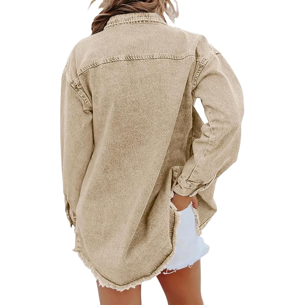 Casual Denim Button Down Distressed Jacket, Washed Denim Shirt Jacket for Women, Boyfriend Frayed Hem Shacket