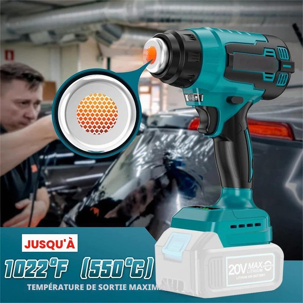 Décapeur Thermique, Pistolet à Air Chaud pour batterie Makita 18v, avec réducteur, jet large, buse réflectrice, température jusqu'à 550°C, éclairage LED, Pistolet Thermique pour Retrait Thermiquement