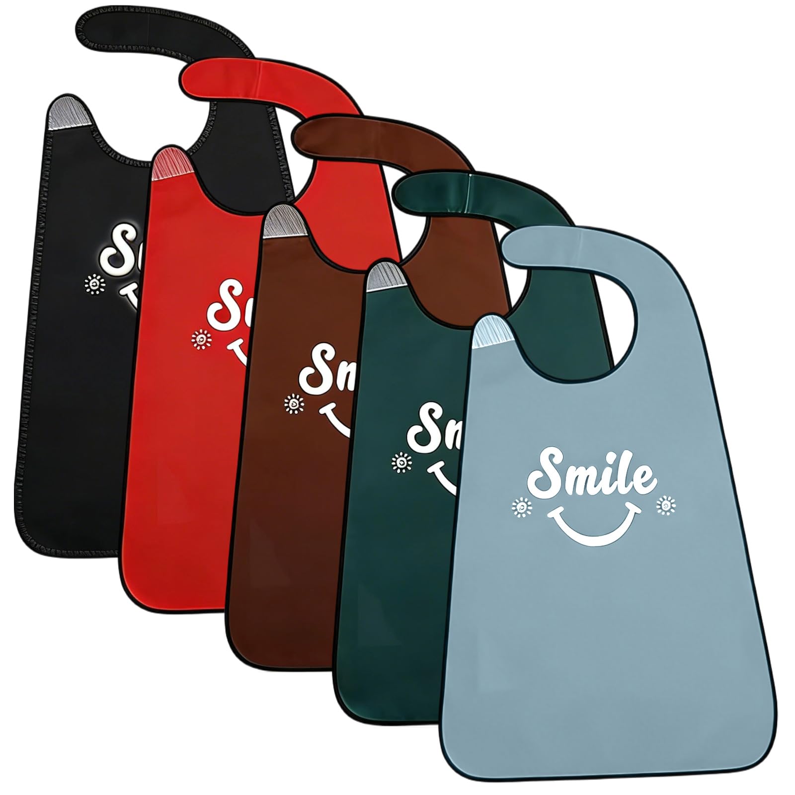 Lot de 5 bavoirs imperméables et réutilisables pour adultes avec lettres amusantes pour personnes âgées, protections lavables pour personnes âgées et handicapées (noir, rouge, vert foncé, marron, bleu