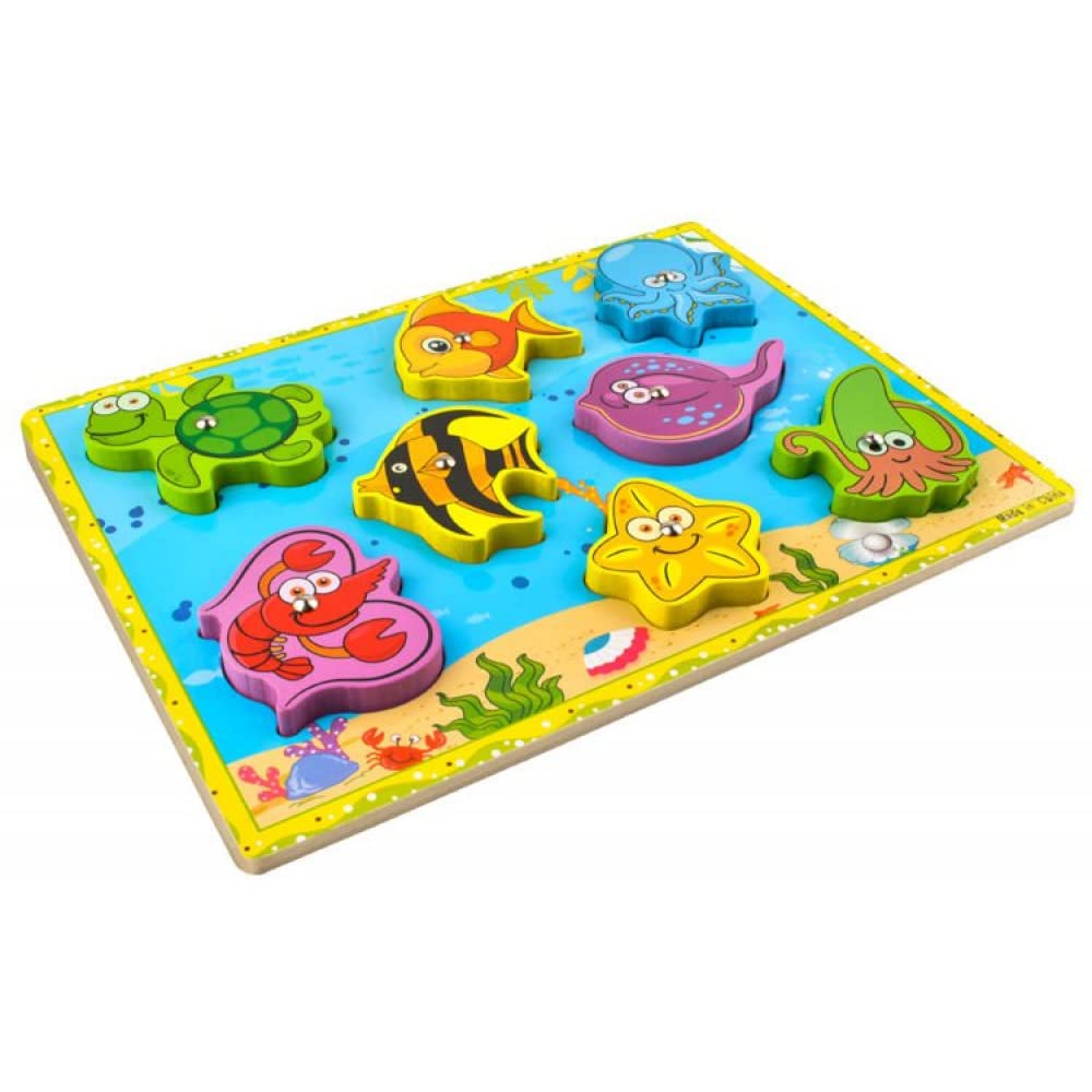 PTIT'GÉNIE - Wooden Magnetic Fishing Game - Marine Universe, 8 Cute Creatures/Animals - Playful, Educational Toy - Wood, 29.5x22x0.5cm