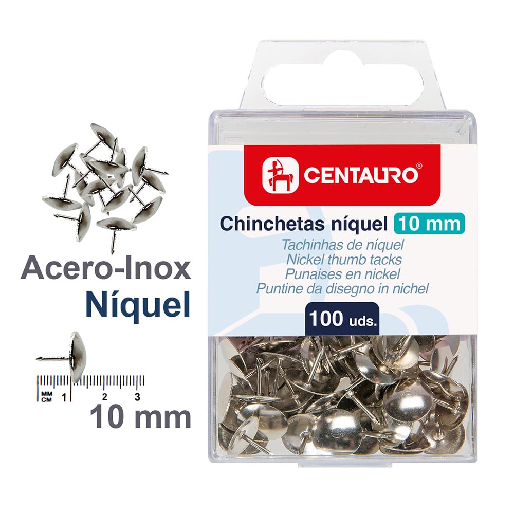Centauro - 100 metalowych pinezek niklowanych, 10 mm, srebrne, tablice korkowe lub ścienne