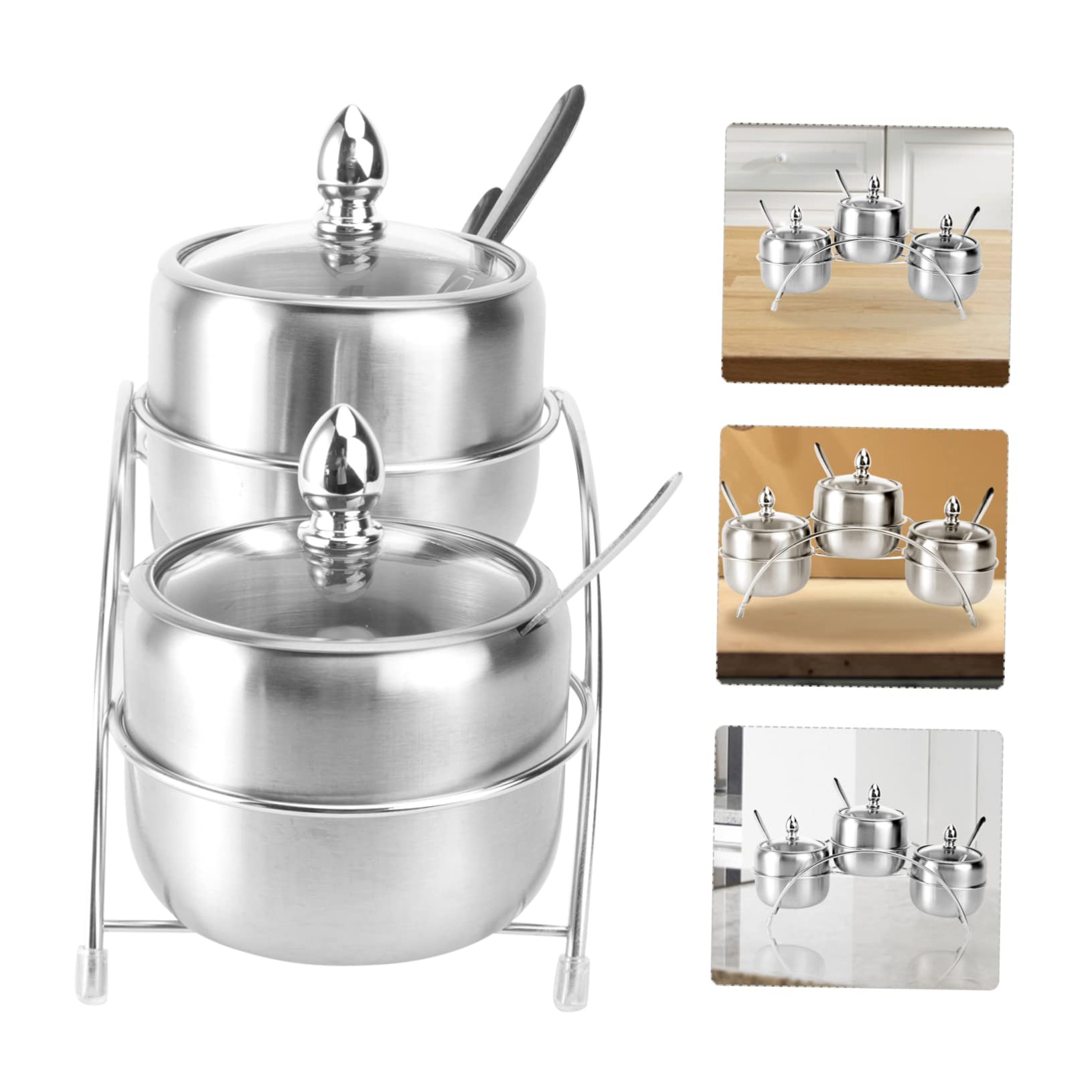 Cabilock Support à Épices en Acier Inoxydable Argenté 1 Set 4 Compartiments Pratique Cuisine et Rangement des Condiments Style Européen