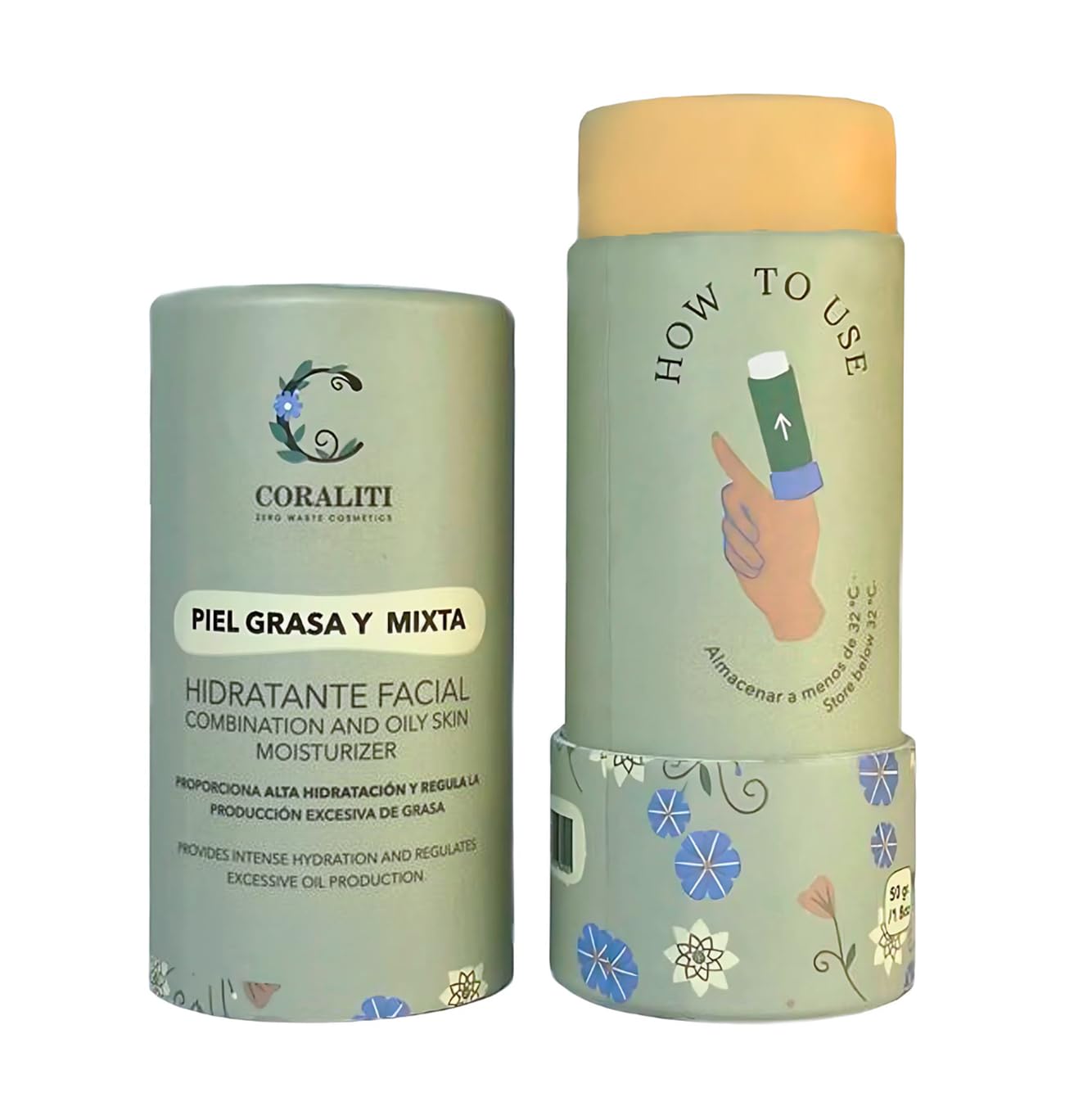 Crema Facial Hidratante Sólida para Piel Mixta y Grasa - CORALITI | Niacinamida, Ácido Hialurónico Vegano | Zero Waste, Natural, No Comedogénica | Envase Compostable - 50g