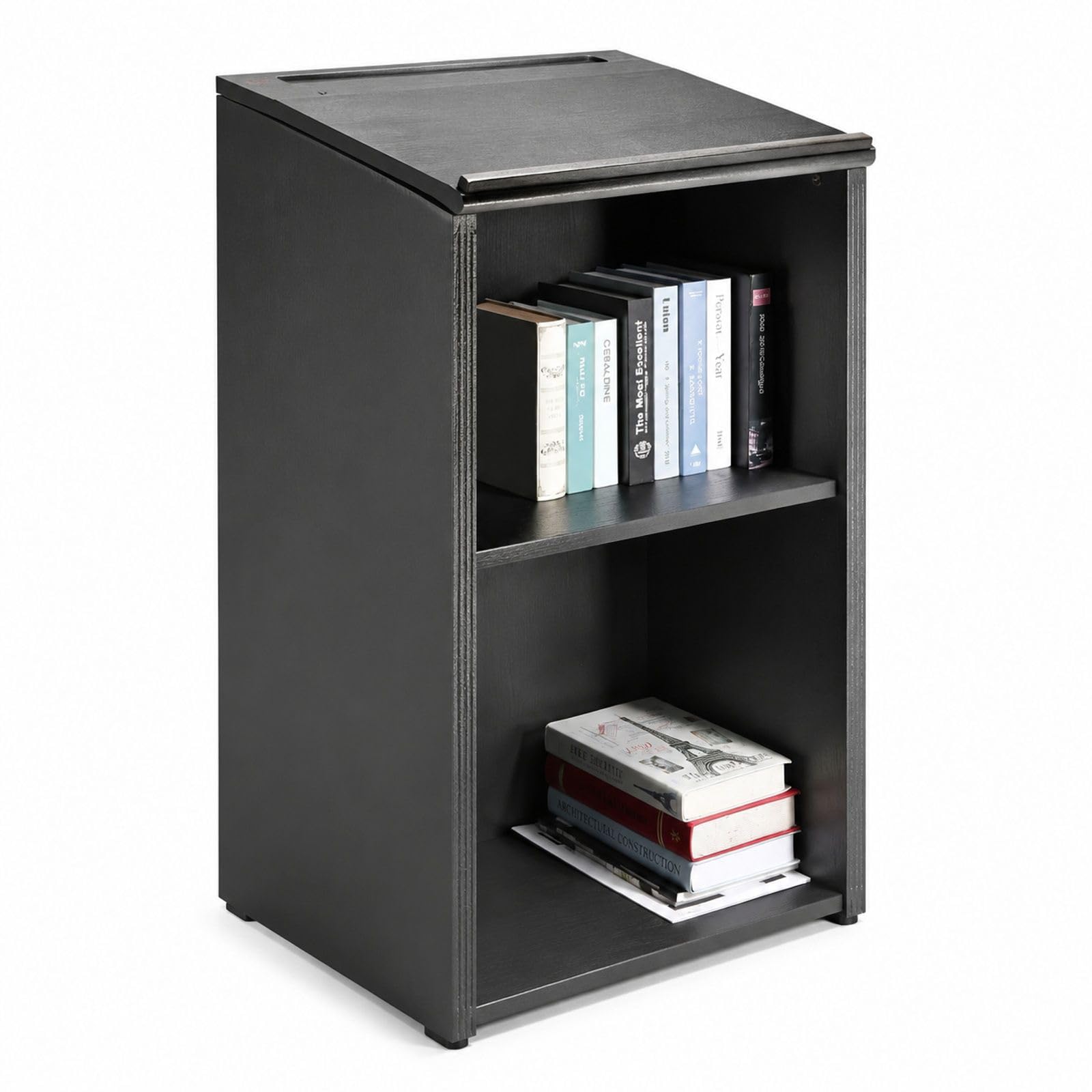 Pupitre de conférence Noir en Bois MDF avec Plateau incliné, étagère de Rangement et 4 roulettes, pour présentation, réception, Bureau, école, église et Restaurant
