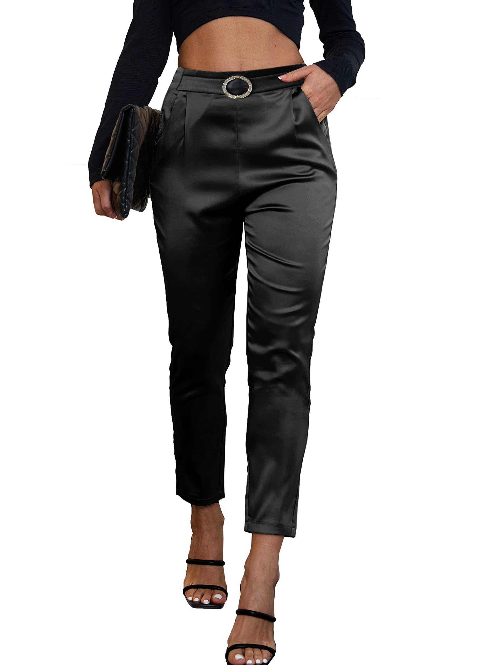 Womens Satin Pants Dress Casual Party Wedding Night Pull on High Waist Pants