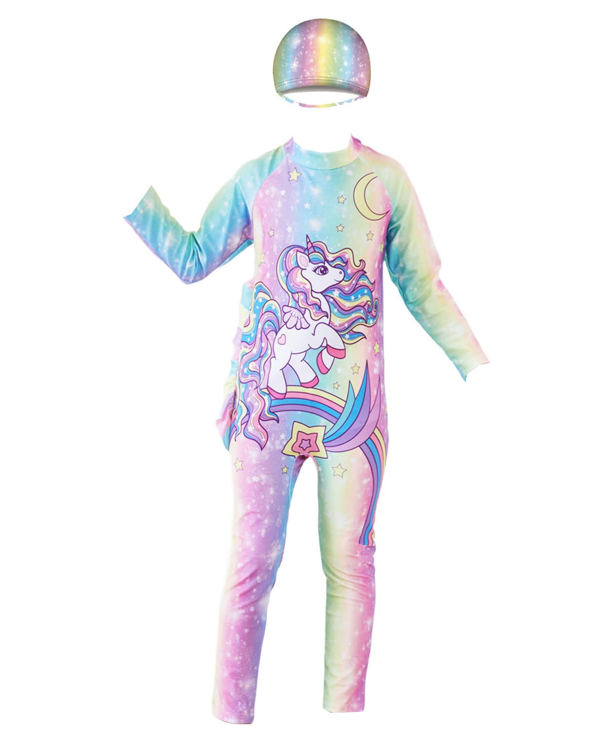 YUPPINGirls Swimsuits Long Sleeve Rash Guard Swimwear with Matching Cap One-Piece Bathing Suits 2-10 Years