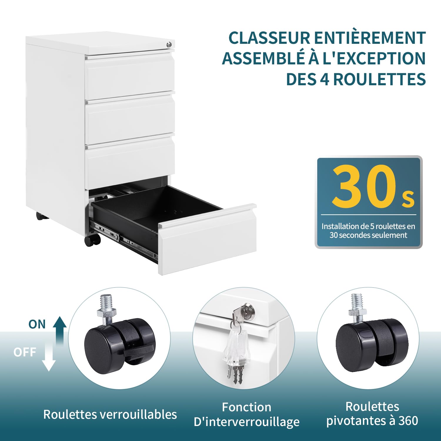 Caisson de Bureau Metal, avec roulettes et Serrure, Caisson de Rangement Mobile, Meubles de Bureau, avec 4 Tiroirs, Entièrement Assemblé