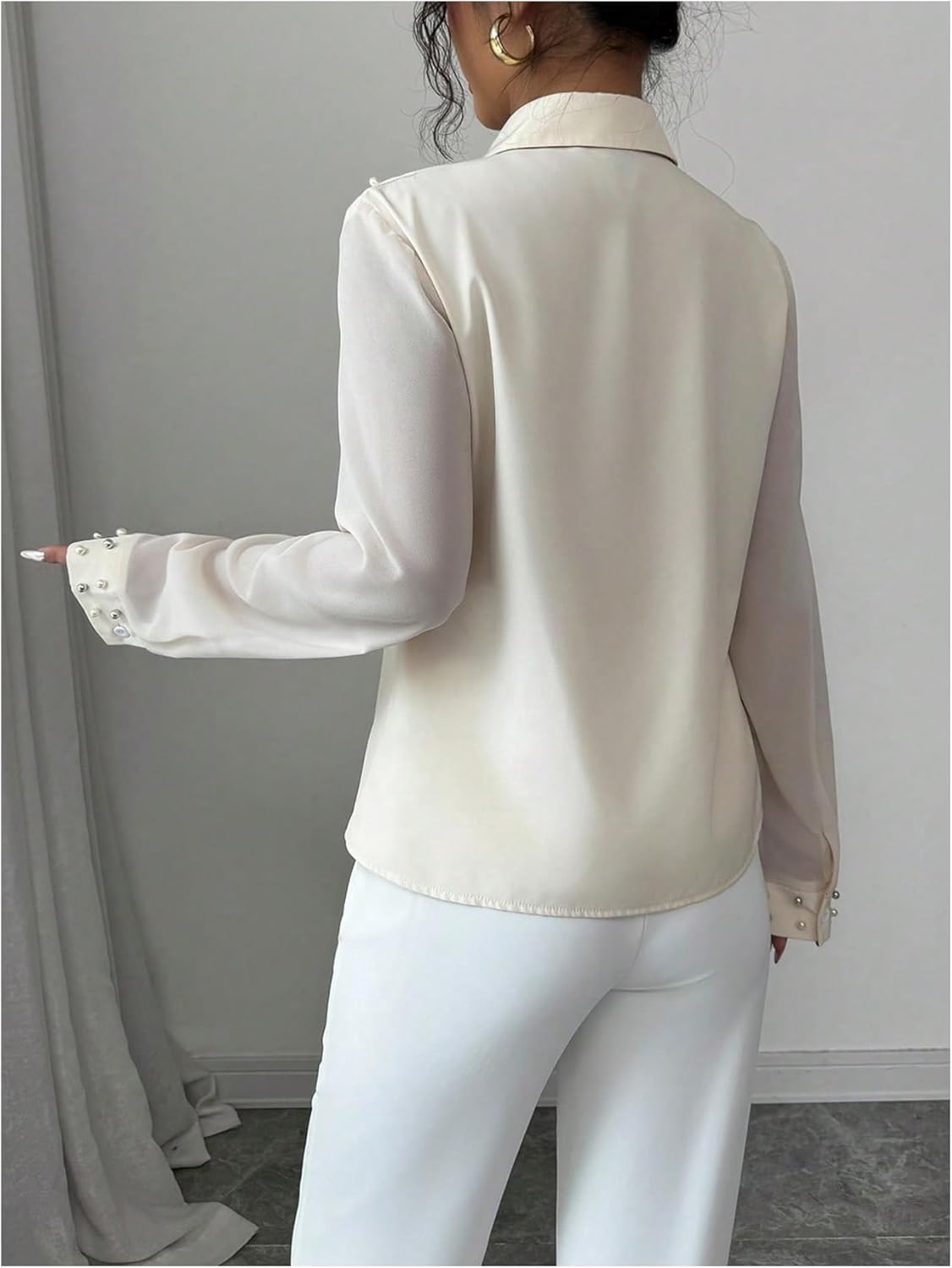 SweatyRocks Women's Pearl Elegant Tops Button Down Shirts Long Sleeve Work Office Blouse - Image 3