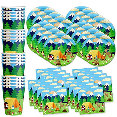 Camping Adventure Birthday Party Supplies Set Plates Napkins Cups Tableware Kit for 16