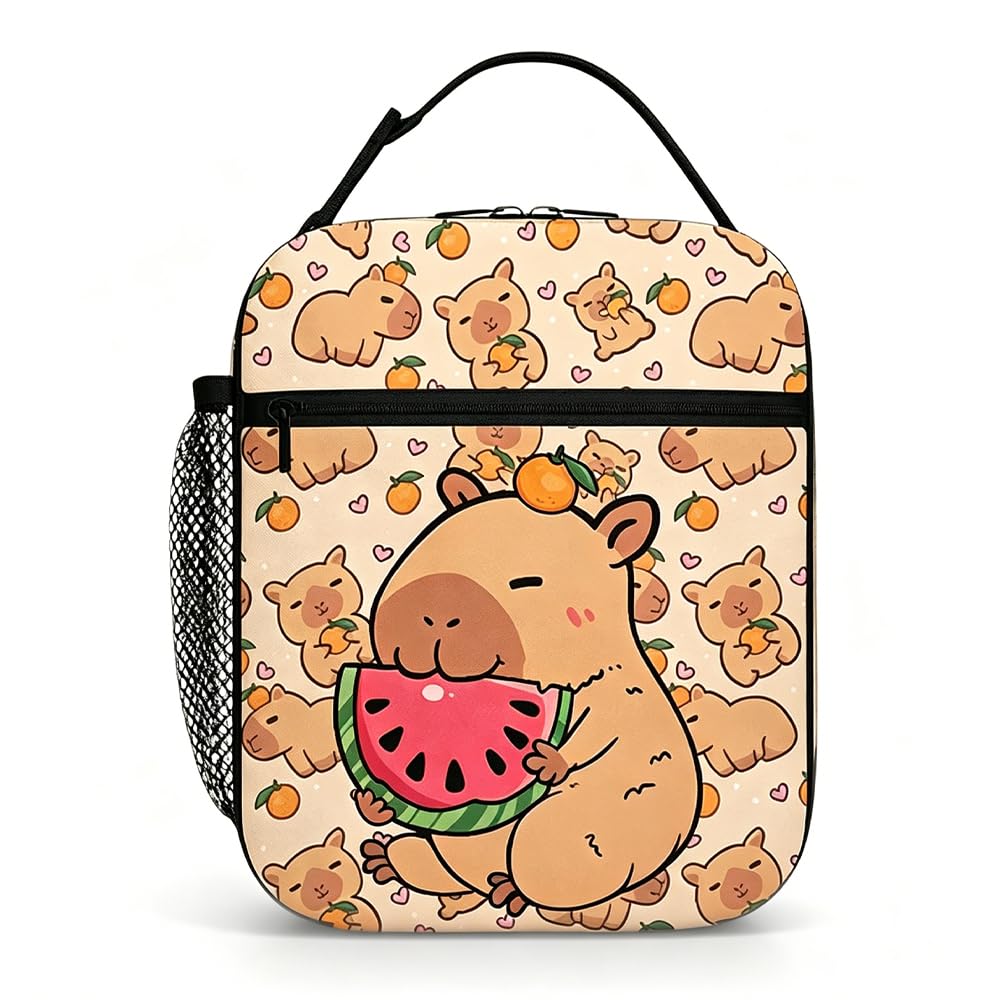 Lotvic Capybara Lunch Box, Cute Capybara Insulated Lunch Bag with Front Zip Pocket & Side Mesh Pocket, Portable Leakproof Thermal Cooler Bag for School, Office, Picnic, Travel