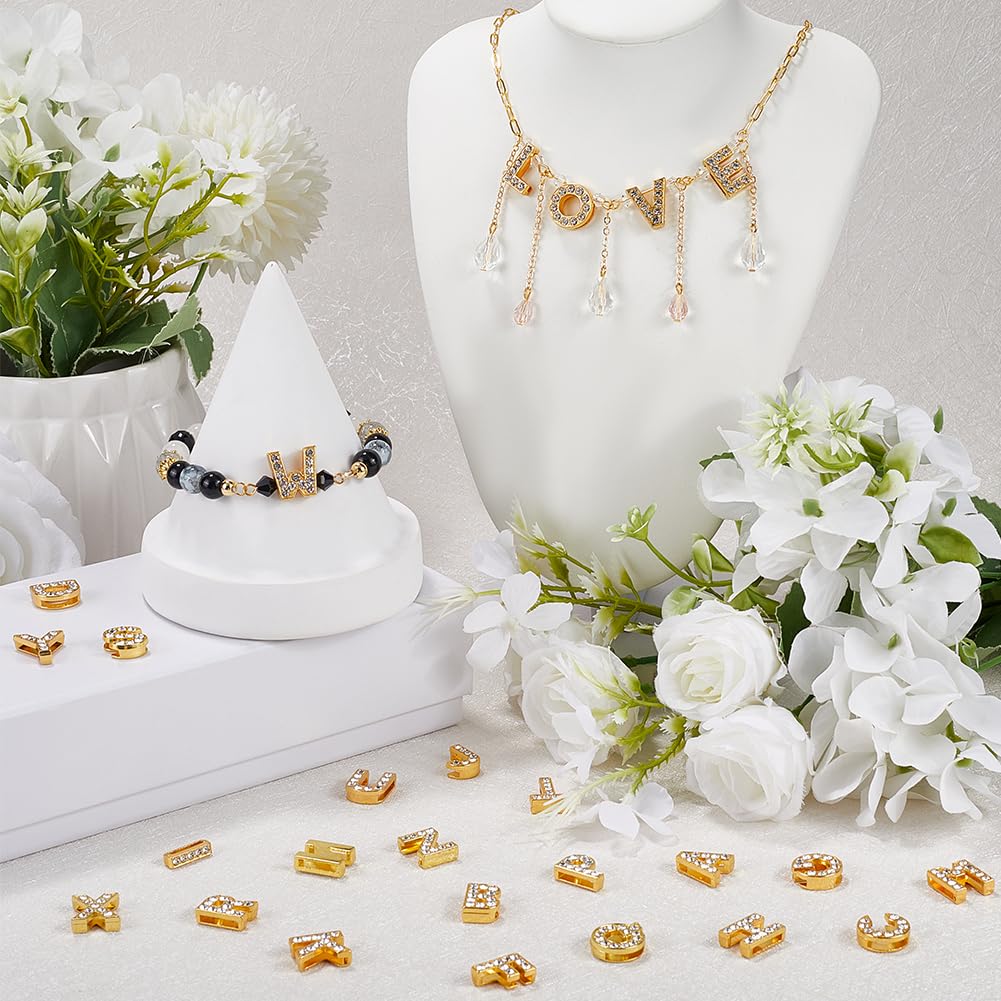 SUNNYCLUE 1 Box 26Pcs 26 Styles Rhinestone Alphabet Beads Charm Golden Crystal Letter Charms Bulk Metal Alloy Slide Full Rhinestones Art 3D A-Z Bead Charm for jewellery Making DIY Necklace Bracelet - Image 4