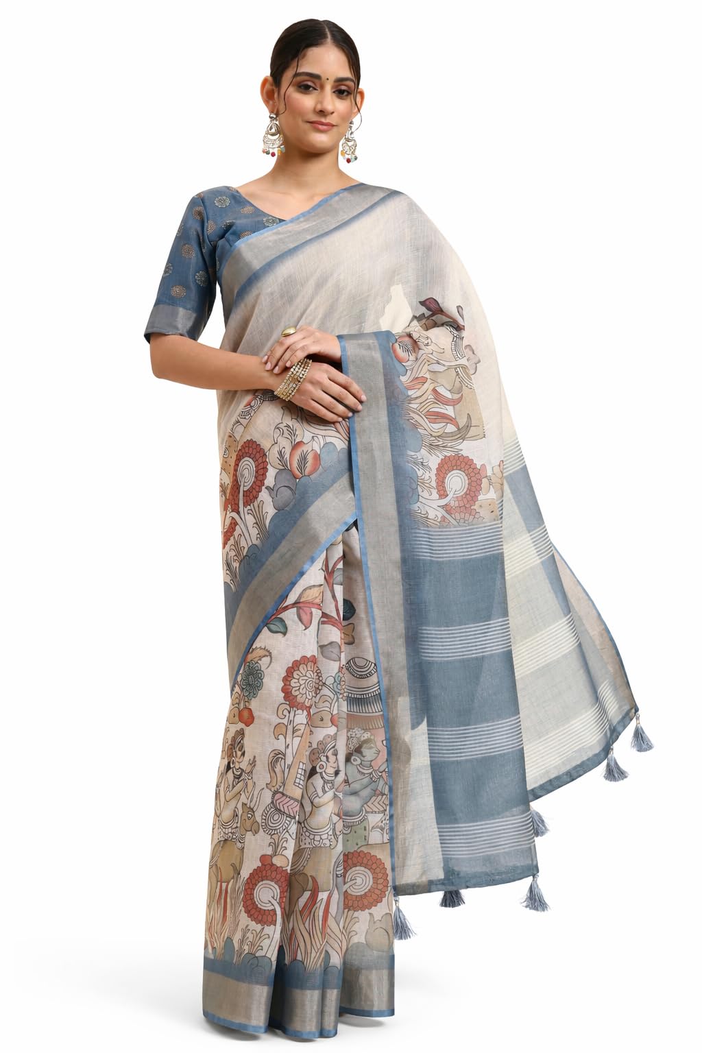 Women’s Grey & Blue Linen Tissue Blend Saree with Artistic Kalamkari Print & Striped Printed Pallu | Soft Lightweight Ethnic Saree with Tassels for Festive & Casual Wear-picture-30