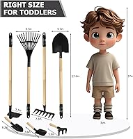 Vista 4 de 7 herramientas de jardinería para niños, pala larga, rastrillo para hojas, pala, azada, cabezas de acero y mango de madera real, herramientas