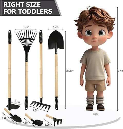 Miniatura 4 de 7 herramientas de jardinería para niños, pala larga, rastrillo para hojas, pala, azada, cabezas de acero y mango de madera real, herramientas