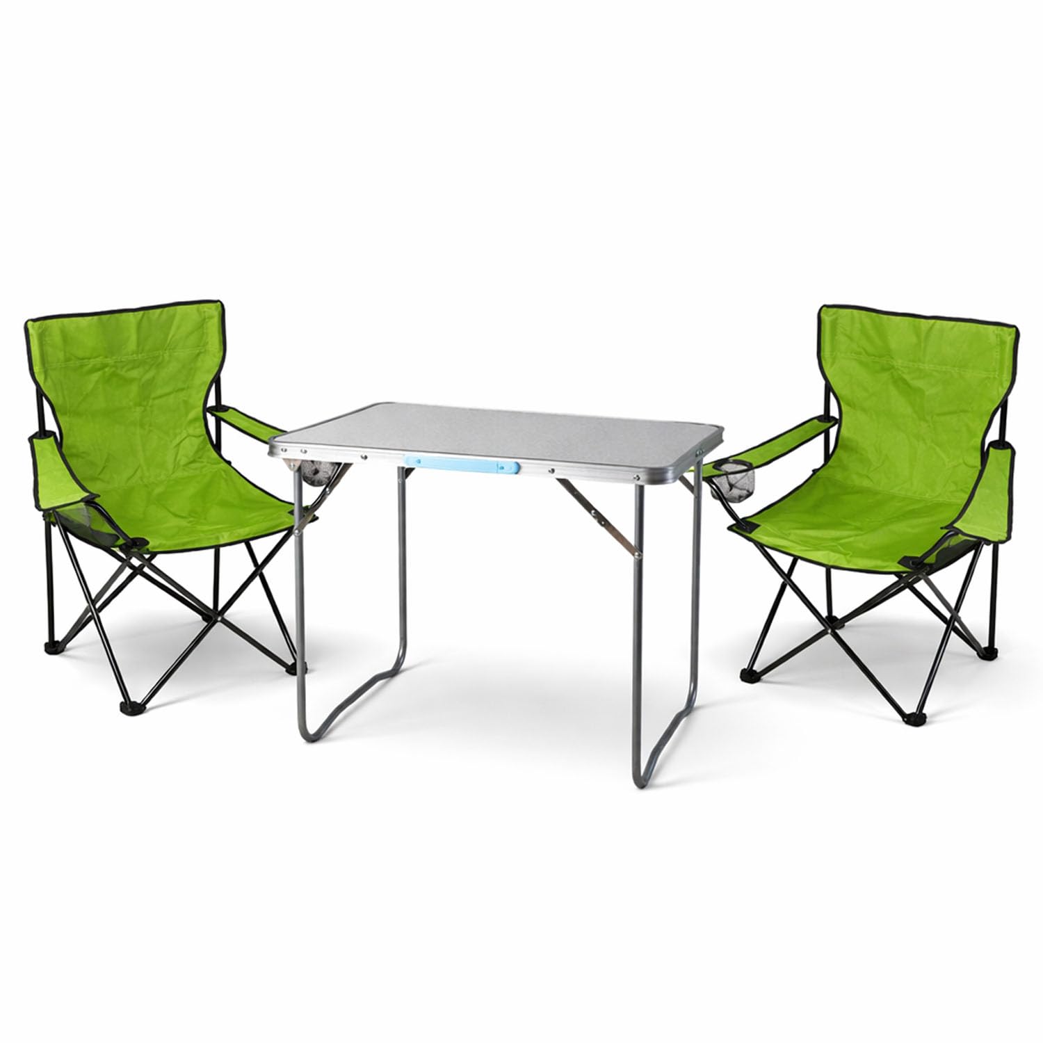 Mojawo - Set di 3 mobili da campeggio, in alluminio, 80 x 60 x 68 cm, 1 tavolo XL con maniglia e 2 sedie pieghevoli, colore: Verde lime