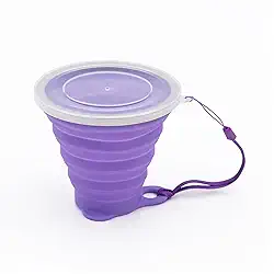 Copo Silicone Dobrável Retrátil Borda de Inox Com Tampa 270ml Ecológico Reutilizável Fino Bolso (Roxo)