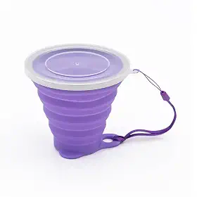 Copo Silicone Dobrável Retrátil Borda de Inox Com Tampa 270ml Ecológico Reutilizável Fino Bolso (Roxo)
