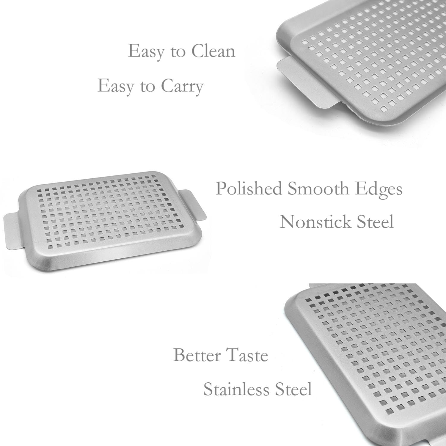 Bandeja antiadherente de acero inoxidable para barbacoa con agujeros, sartenes para asar al aire libre para carne y verduras, juego de 2 (16.5 x 10 pulgadas y 13 x 7.4 pulgadas)