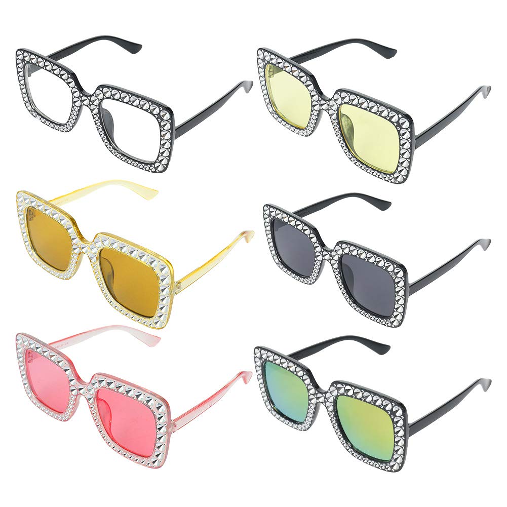 6 Pack Oversized Square Sparkling Sunglasses Retro Thick Frame Rhinestone Sunglasses Bling for Women Girls (Clear, Yellow, Pink, Light Yellow, Clear Grey, Clear Tawny)
