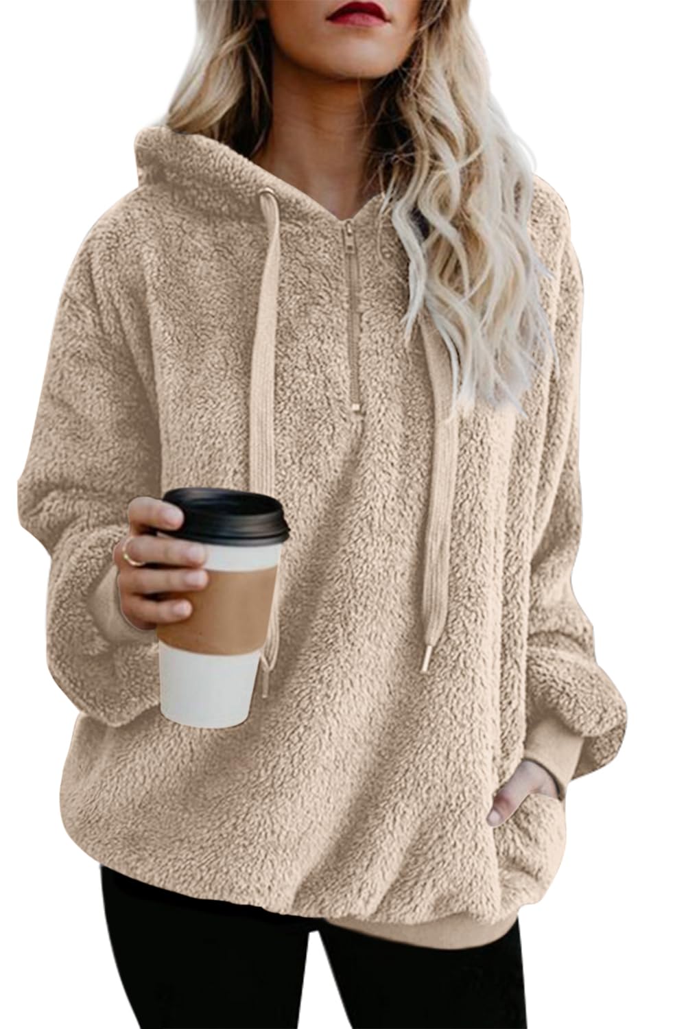 Yanekop Womens Fuzzy Fleece Pullover Oversized Sherpa Jacket Half Zip Pullover Sweaters Winter Faux Fur Jacket Coat, B Khaki, Medium