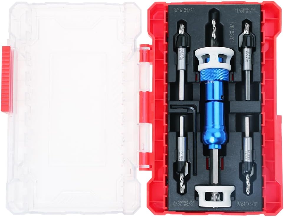 AUTOTOOLHOMECountersink Drill Bit Set with Adjustable Depth Stop, 5Pcs Carbide Tipped Countersink Bit with1/4" Quick Release Hex Shank for Woodworking Carpentry Pilot Screw Hole Set