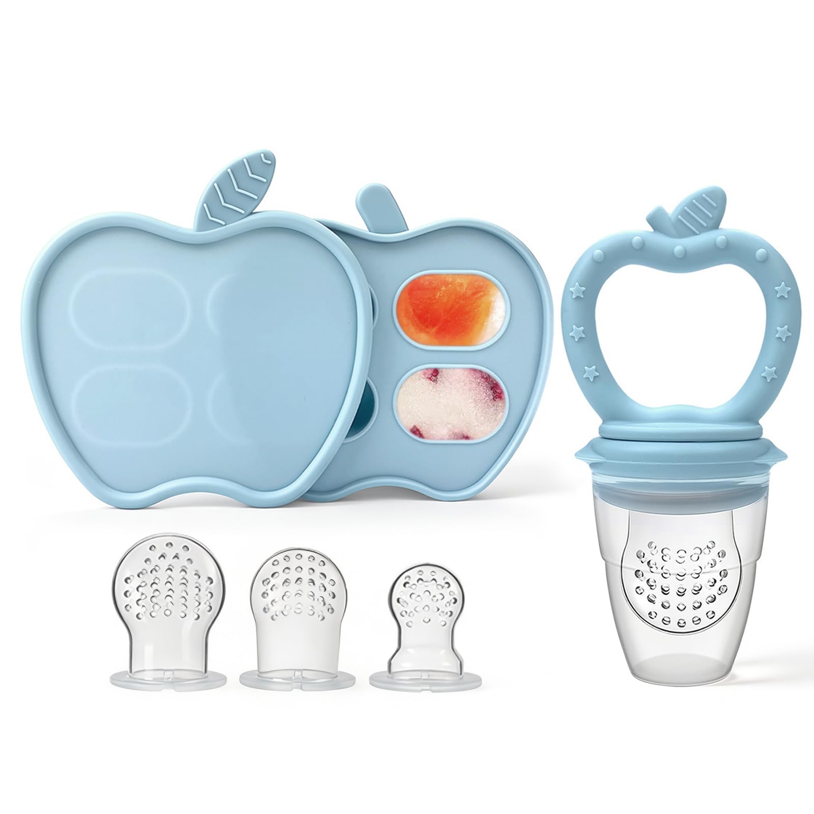Fruchtsauger Baby, Silikon Obstschnuller (mit Eiswürfelform), für Obst Gemüse Brei Beikost, Babybrei Einfrieren Behälter für Babynahrung Muttermilch, Beißring Zahnungshilfe, BPA-Frei (Blau)