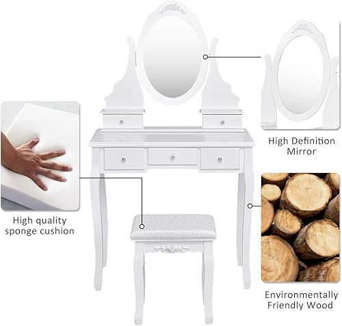 Miniatura 8 de Giantex Juego de tocador con espejo ovalado y taburete acolchado, tocador de maquillaje, gran almacenamiento con 5 cajones, tocador de dormitorio