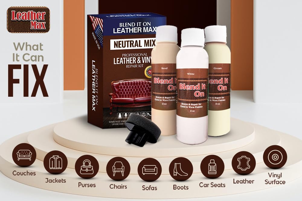Blend It On XL Leather/Vinyl Repair Kit Now with 6 Ounces for Furniture, Jacket, Sofa, Car Seat, Boots, Easy Instructions to Match Colors, Restore Any Material No Mixing Chart Needed (Neutral Mix) - Image 3