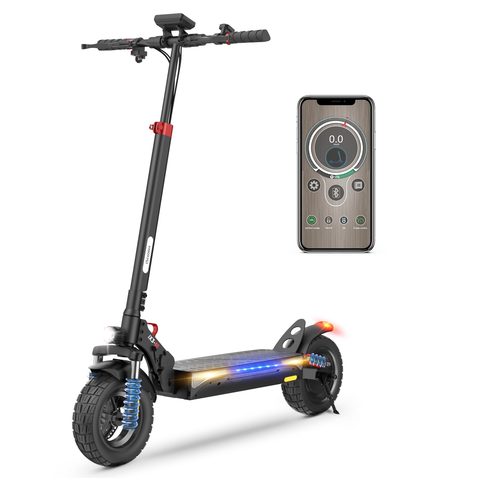 iScooter ix3 Adult Electric Scooter, 480WH Battery, Maximum Autonomy 40 KM, 10" Folding Electric Scooter, App Control, Load 120 kg, Adjustable Handlebar, Quad Suspension