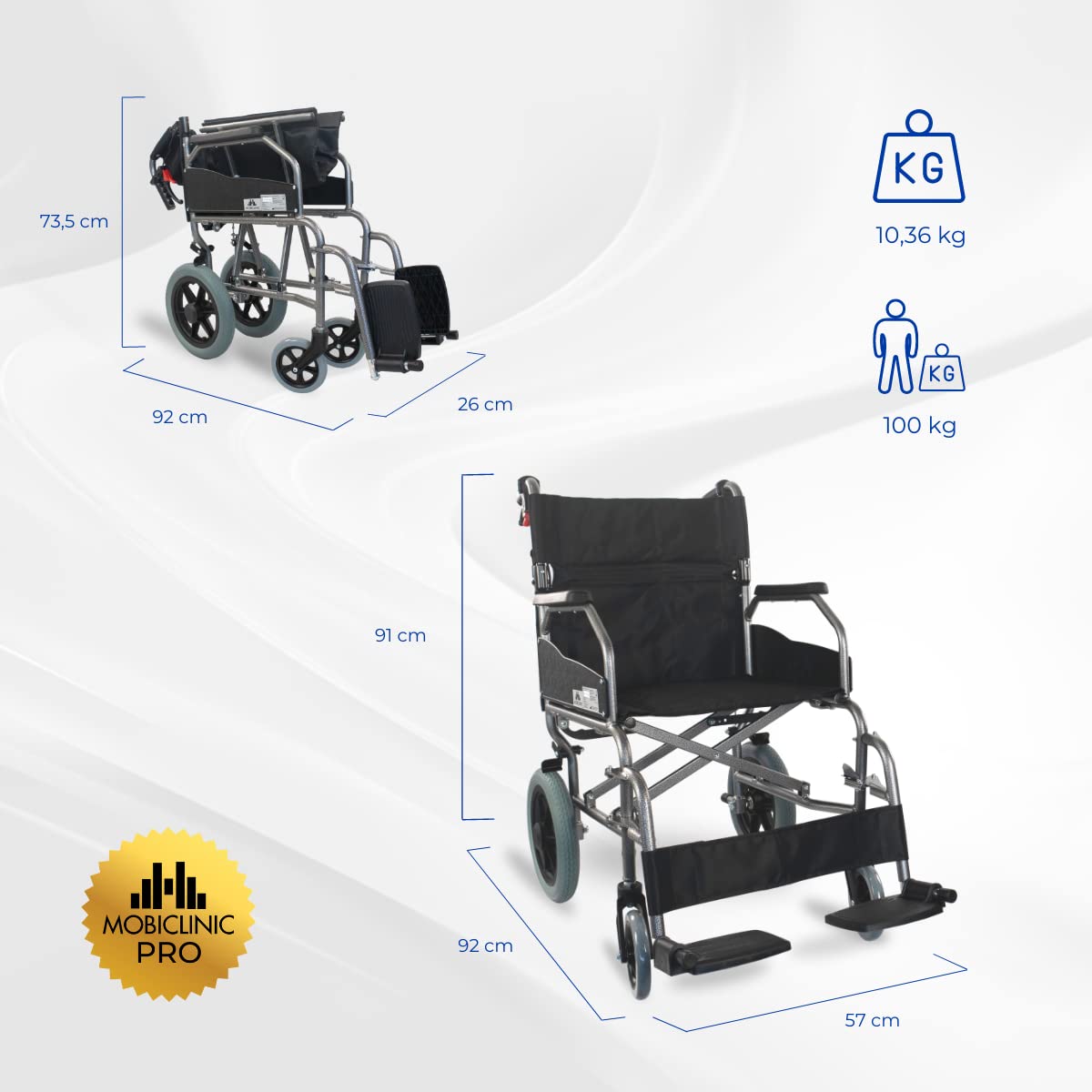 Mobiclinic, Silla de Ruedas tránsito, Museo, Plegable, Aluminio, Ultraligera, Freno en manetas, Respaldo abatible, Asiento 45 cm, Reposapiés, Reposabrazos, Color Negro