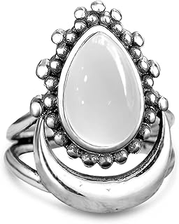 Natural Agate Stone Crescent Moon Ring for Women,S925 Sterling Silver Waterdrop Shaped Gemstone Boho Ring Jewelry