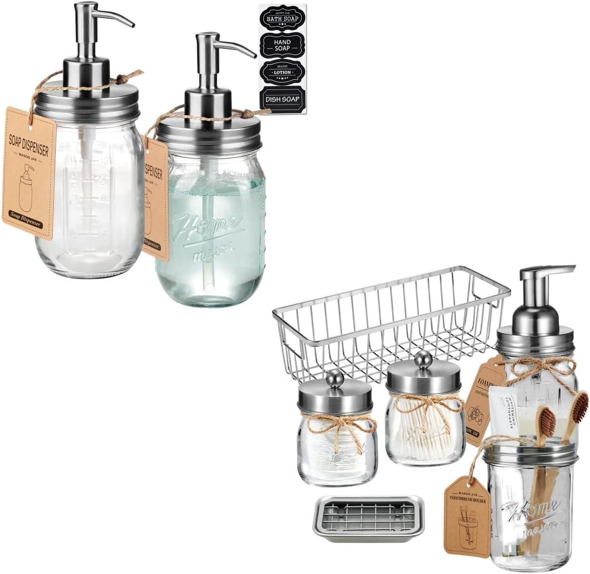 SheeChung 6 Pack Mason Jar Bathroom Accessories Set, Foaming Soap Dispenser, Toothbrush Holder, Qtip Holder & 2Pcs Glass Hand Soap Dispenser for Bathroom Countertop Kitchen Sink
