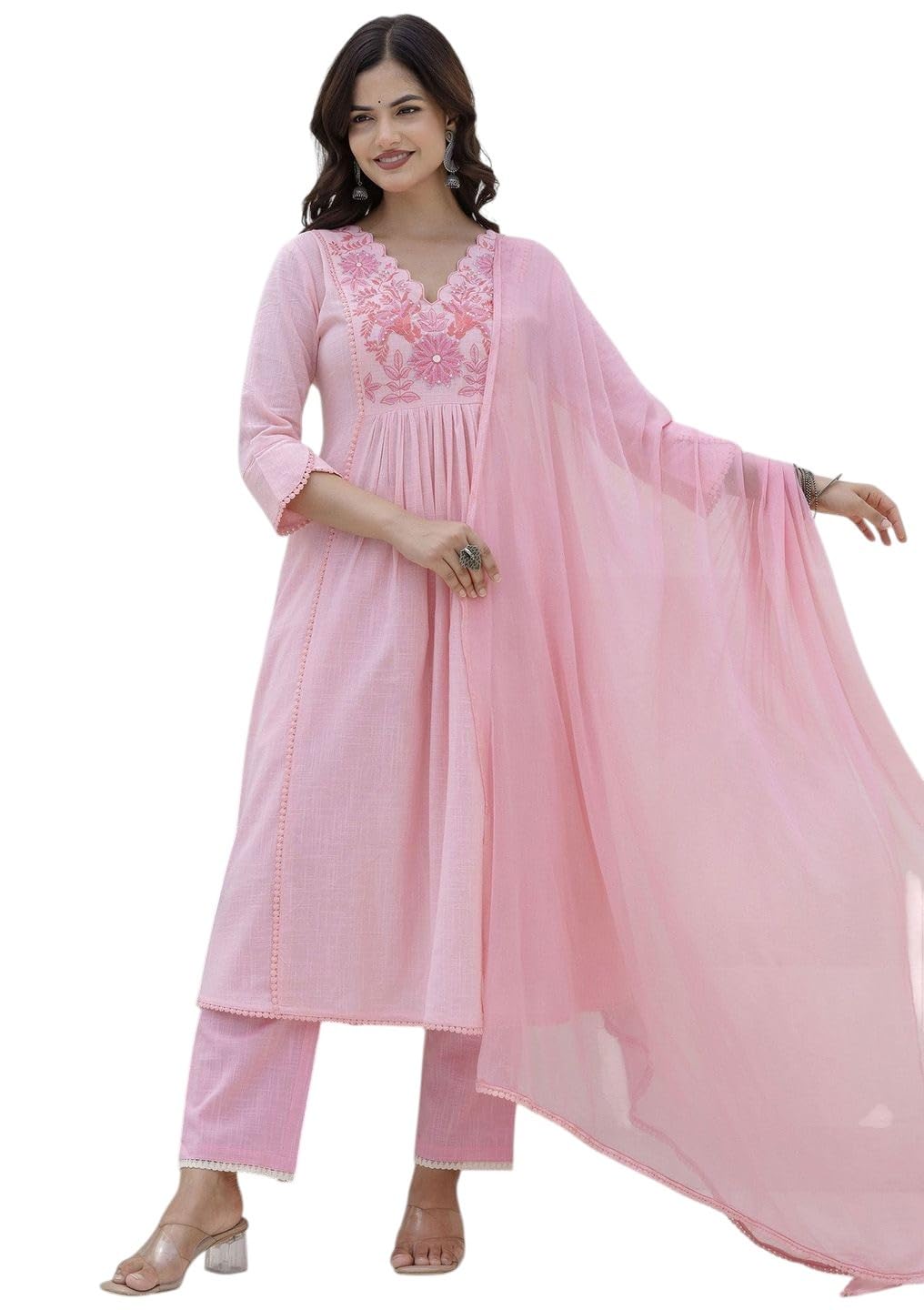 Women's Cotton Embroidered Kurta Set with Palazzo Pants & Dupatta | V-Cut Ethnic Wear Anarkali Suit Set